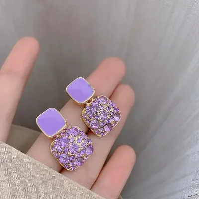 Purple Sparkling Square Rhinestone Earrings